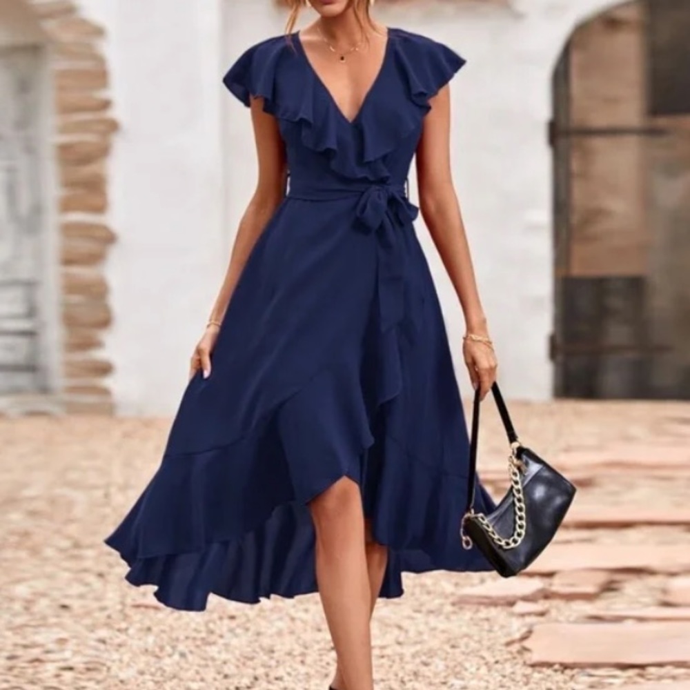 Boho navy blue ruffle hem wrap belted maxi dress - Picture 8 of 13